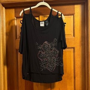 Harley-Davidson Black Cold-Shoulder Graphic Tee with Pink Accents